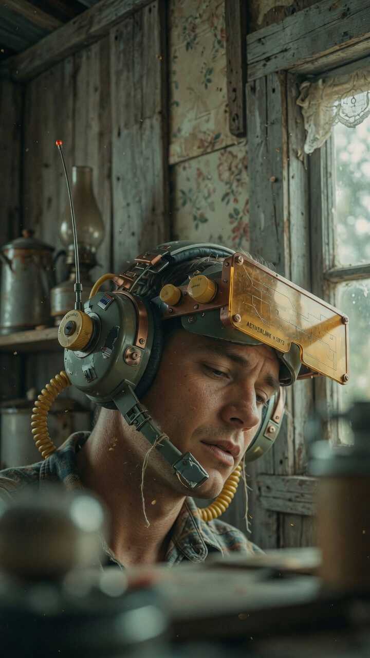 Man Wearing Retro-Futuristic Headgear in Rustic Setting