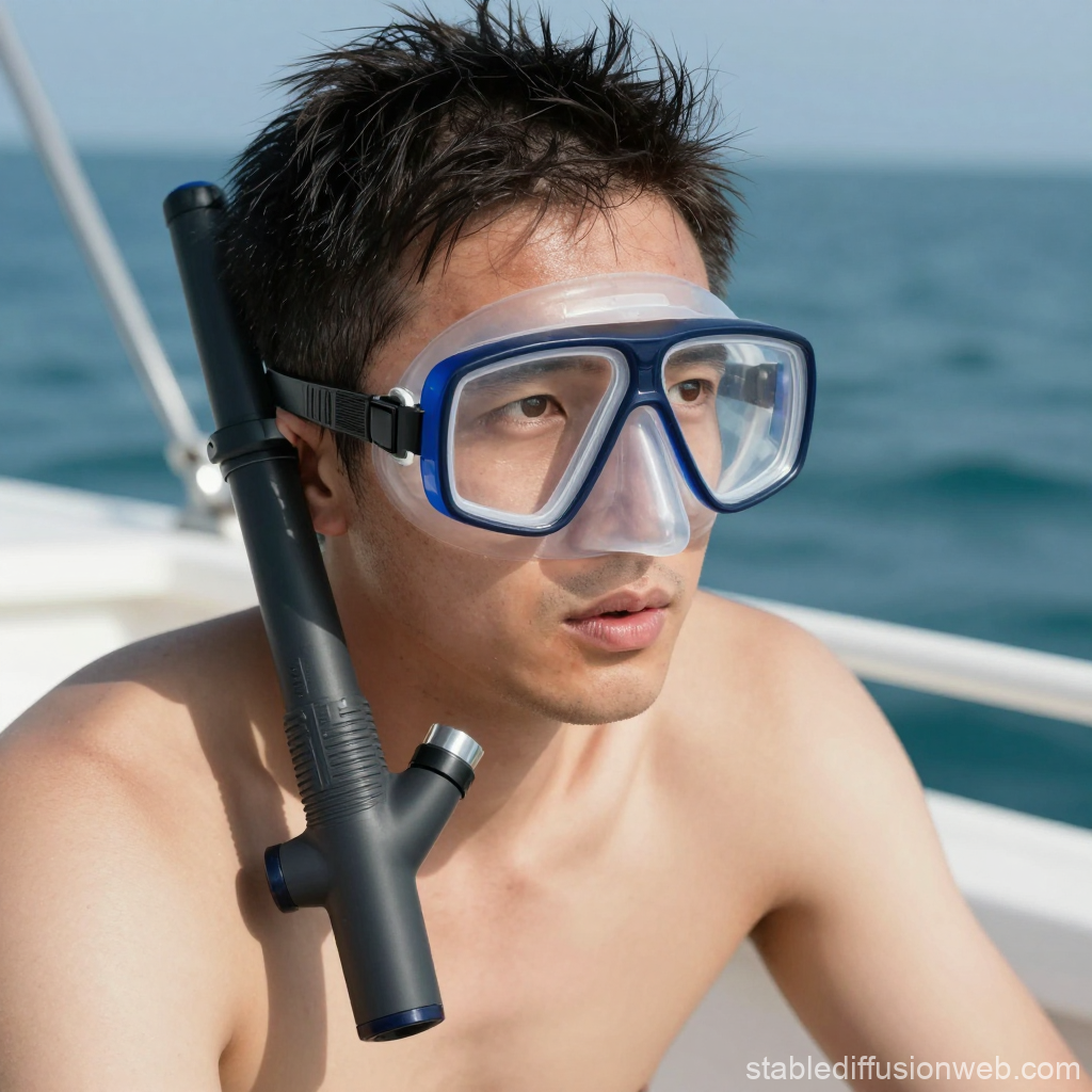Man Wearing Snorkeling Mask on Boat by the Sea