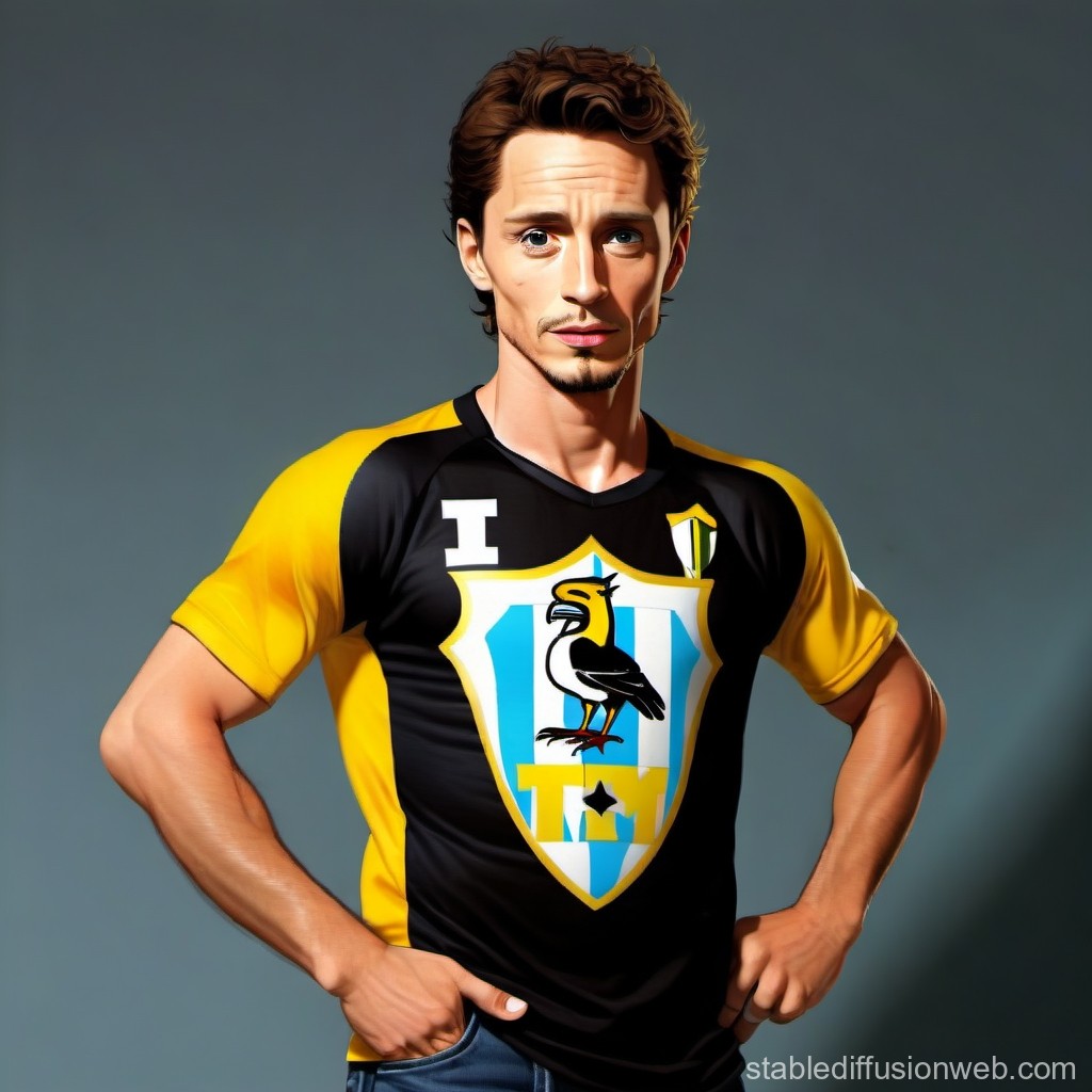 Man Wearing Yellow and Black Sports Jersey with Bird Emblem