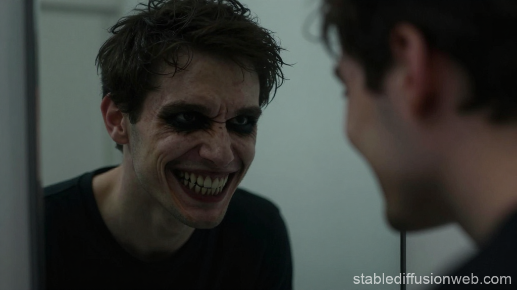 Man with Dark Makeup Smiling Menacingly in Mirror