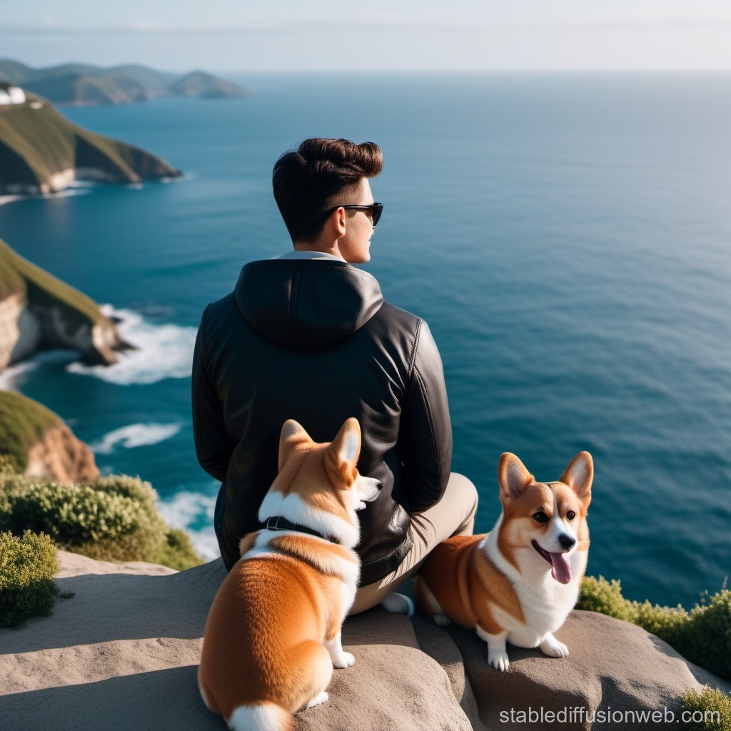 Man with Two Corgis Enjoying Ocean Cliff View