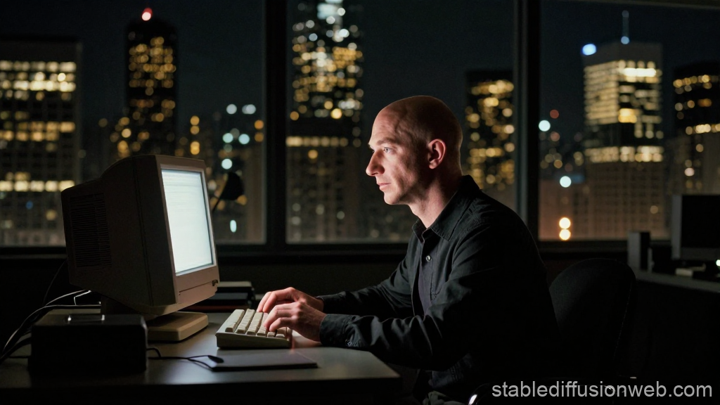 Man Working Late at Night on Vintage Computer in City Office