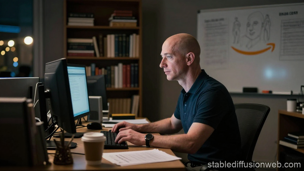 Man Working Late at Office Desk with Computer