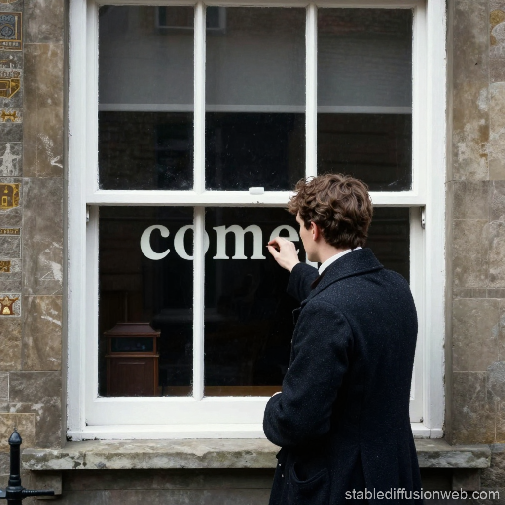 Man Writing on Window Pane in Vintage Setting