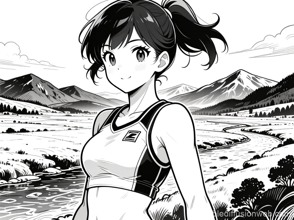 Manga Style Athlete by a River in Mountain Landscape