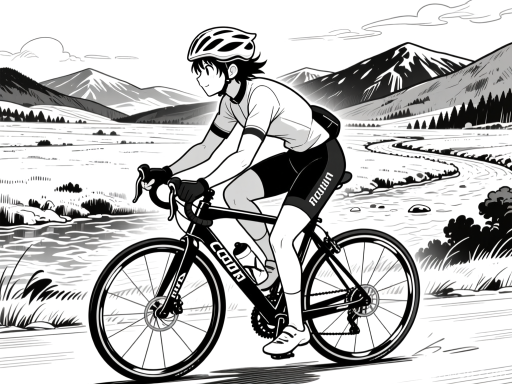 Manga Style Cyclist Riding Through Scenic Mountains