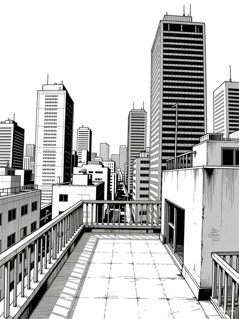 Manga Style Rooftop Overlooking Cityscape