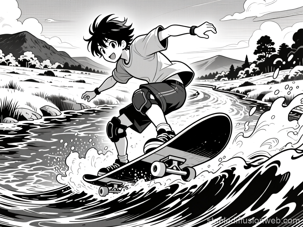 Manga Style Skater Riding a Waveboard on a River