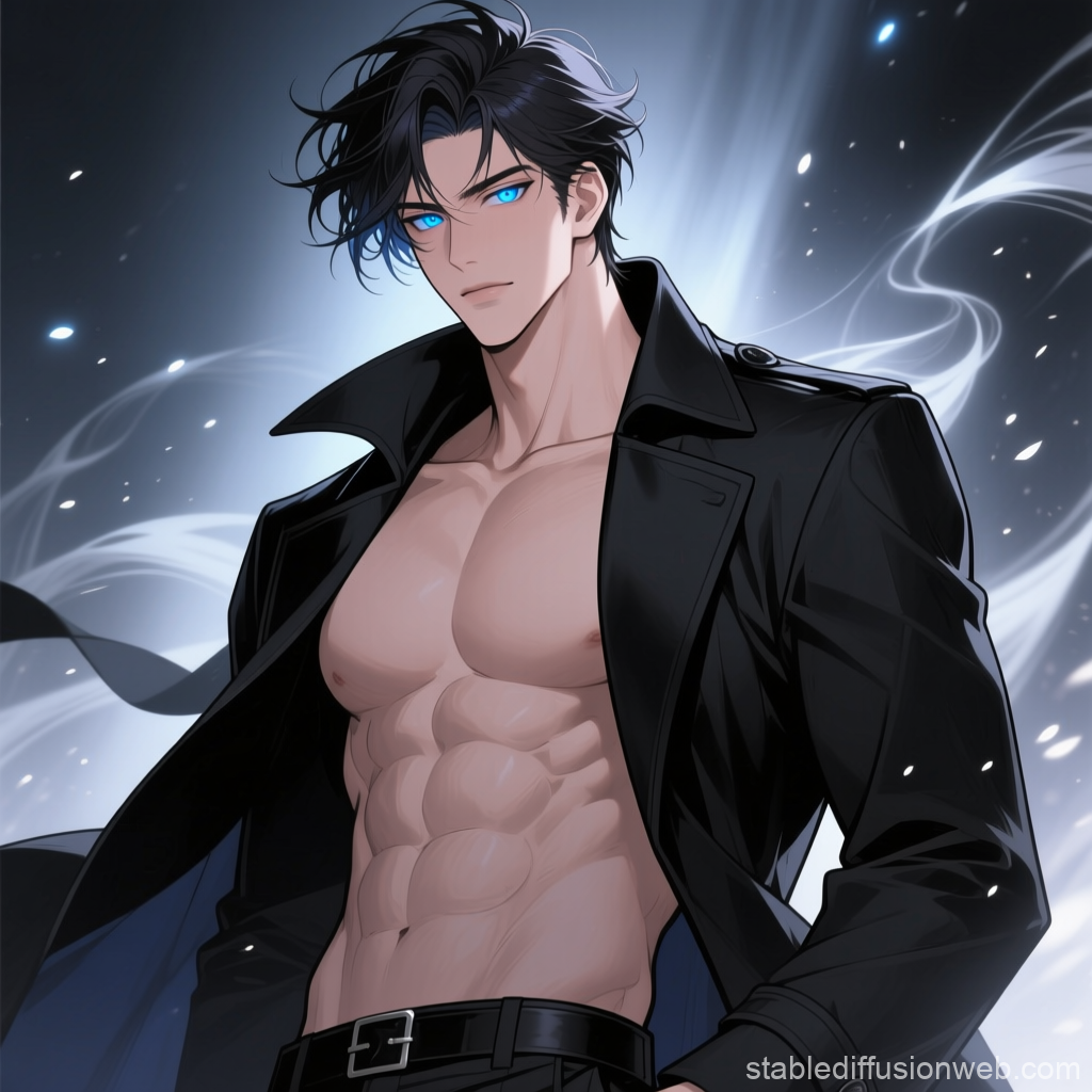 Manhwa Hero with Glowing Blue Eyes and Black Coat