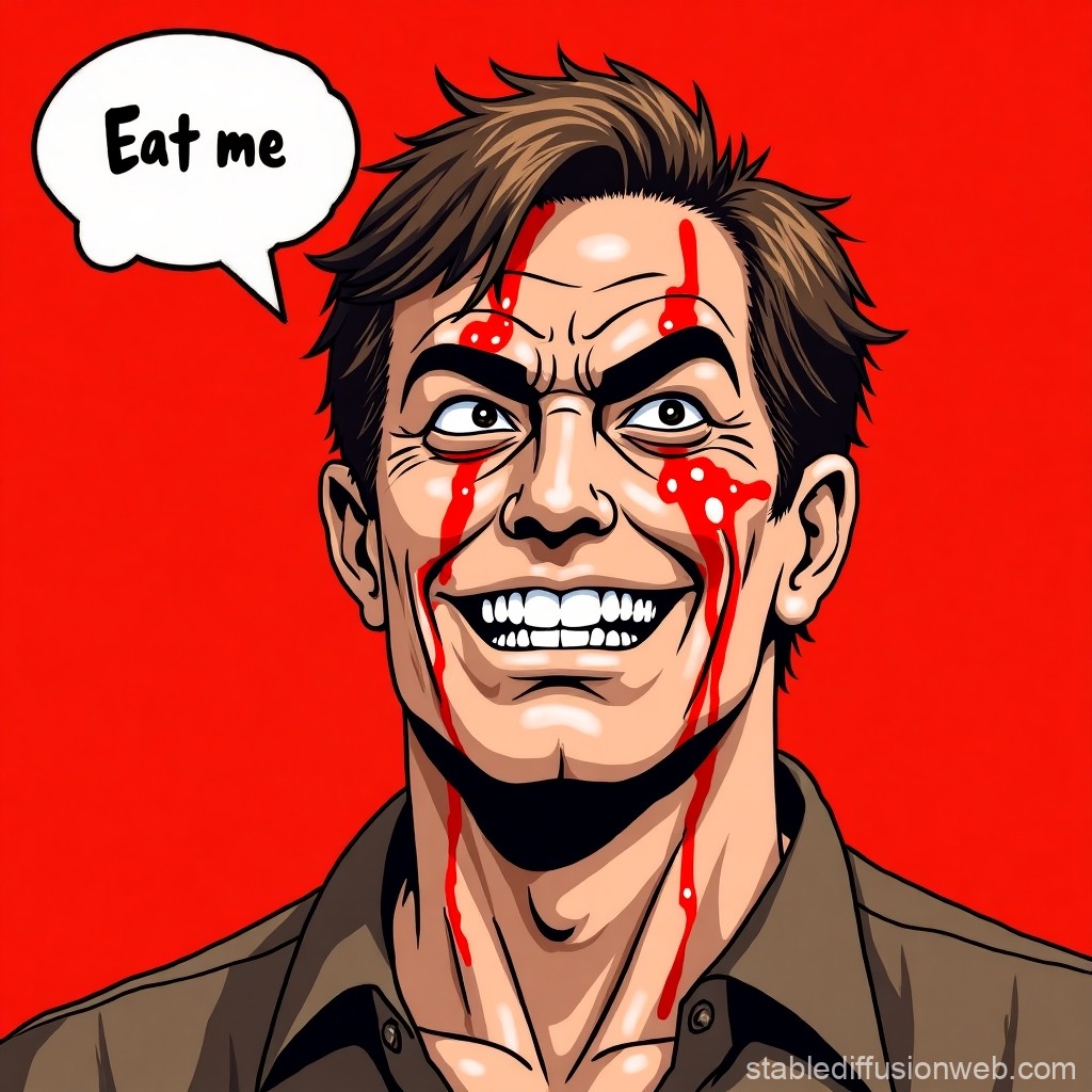 Maniacal Grinning Man with Blood and Speech Bubble