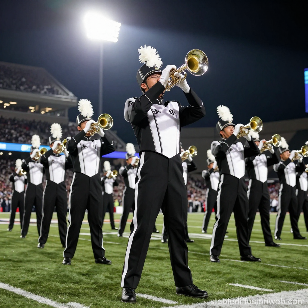 Marching Band Trumpet Section Performing at Night Football Game