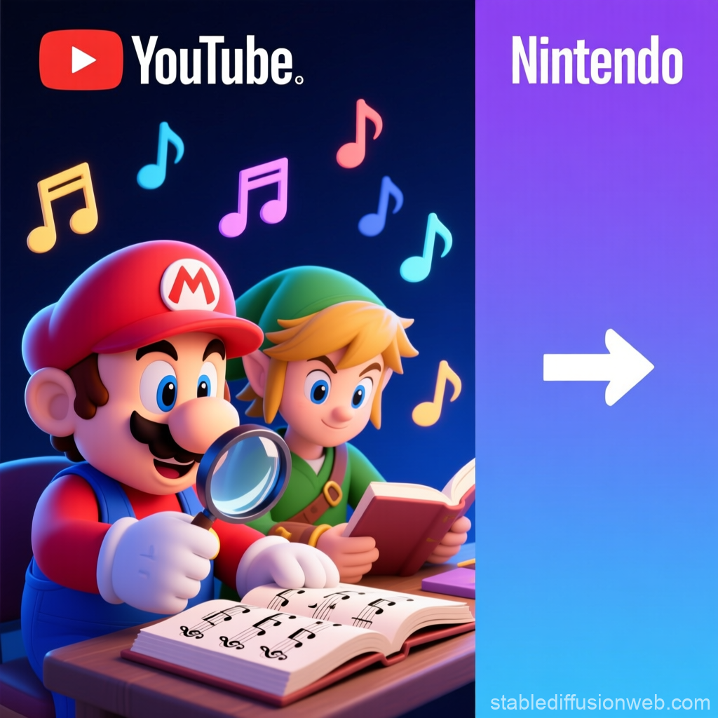 Mario and Link Studying Music Notes with YouTube and Nintendo Logos
