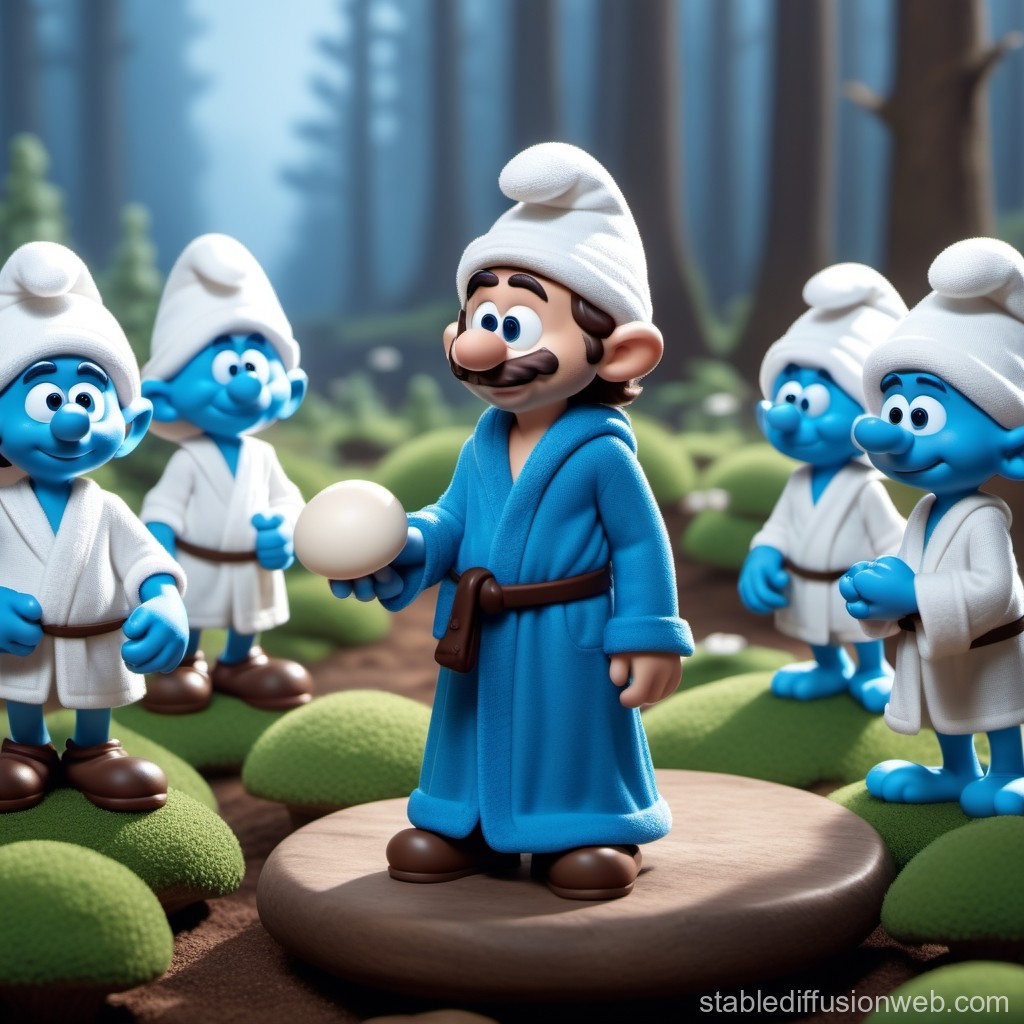 Mario in Smurf Village Holding a Mushroom