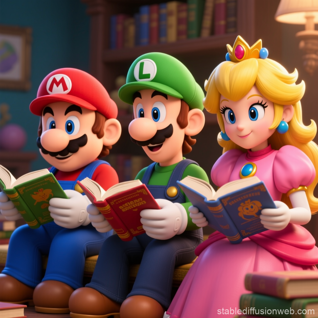 Mario, Luigi, and Peach Reading Books Together