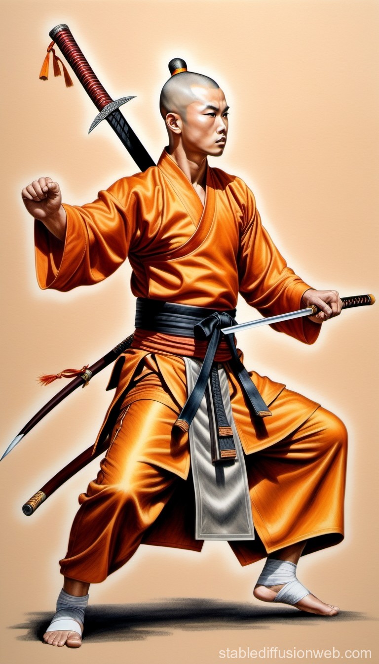Martial Artist in Traditional Orange Robes with Swords