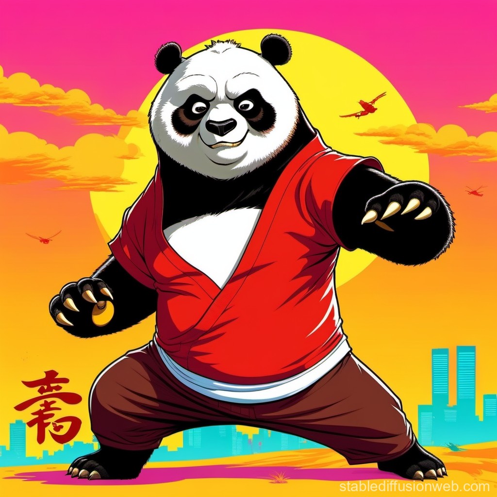 Martial Arts Panda in Red Gi with Sunset Cityscape