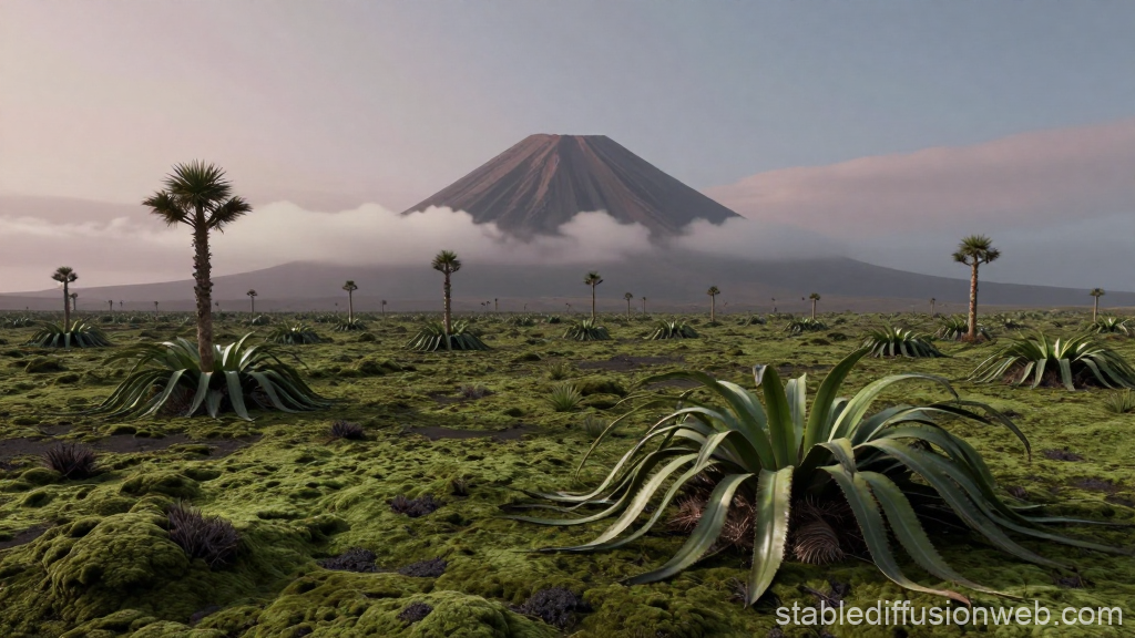 Martian Moss Fields with Distant Mountain Under Cloudy Sky