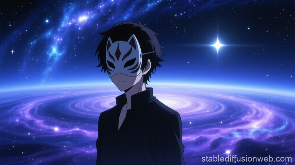 Masked Anime Character Against Cosmic Galaxy Background