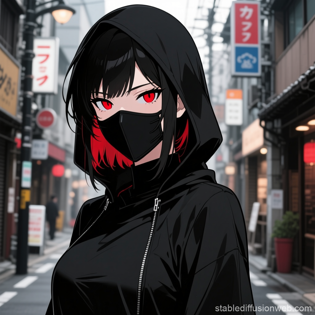 Masked Assassin with Red Eyes in Urban Alley