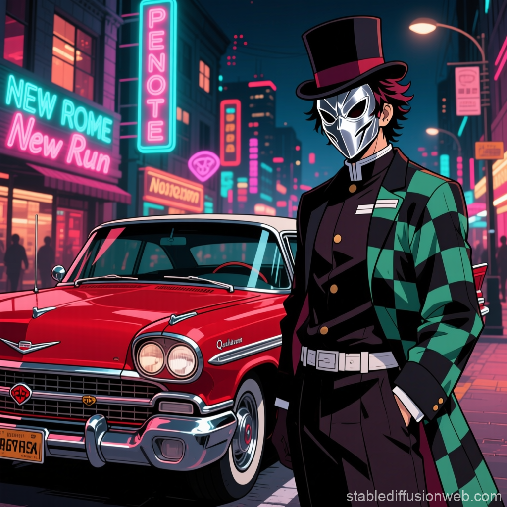 Masked Character in Neon City with Classic Red Car