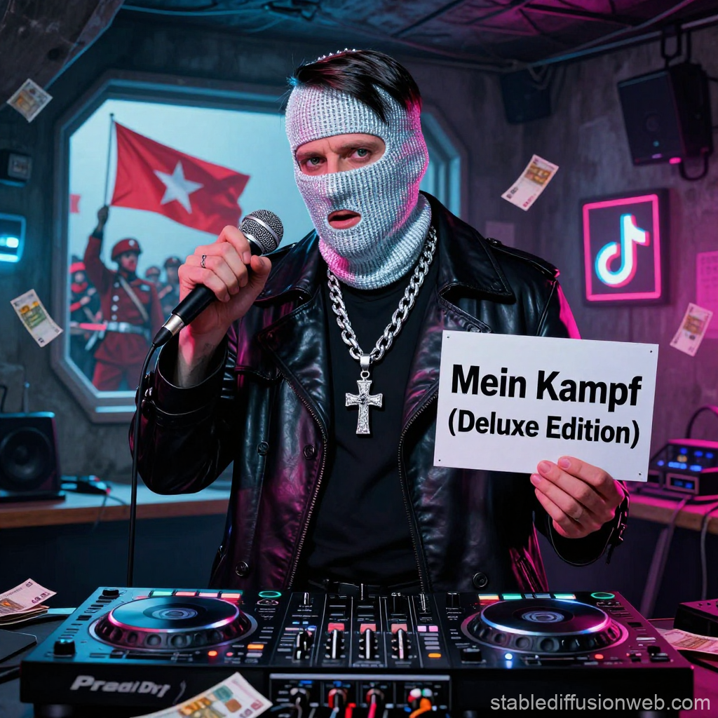 Masked DJ Holding Mein Kampf Deluxe Edition in Neon-lit Room