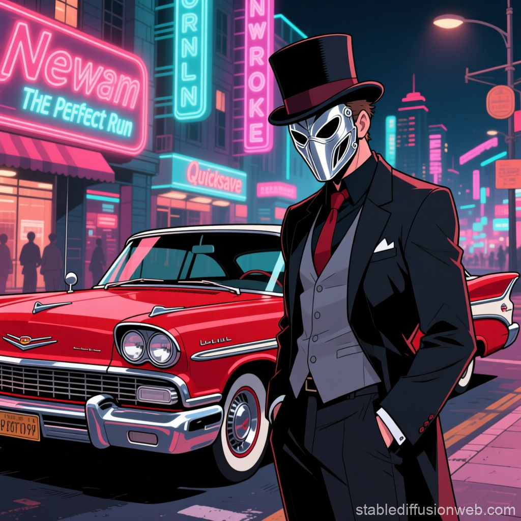 Masked Gentleman in Neon City with Classic Car