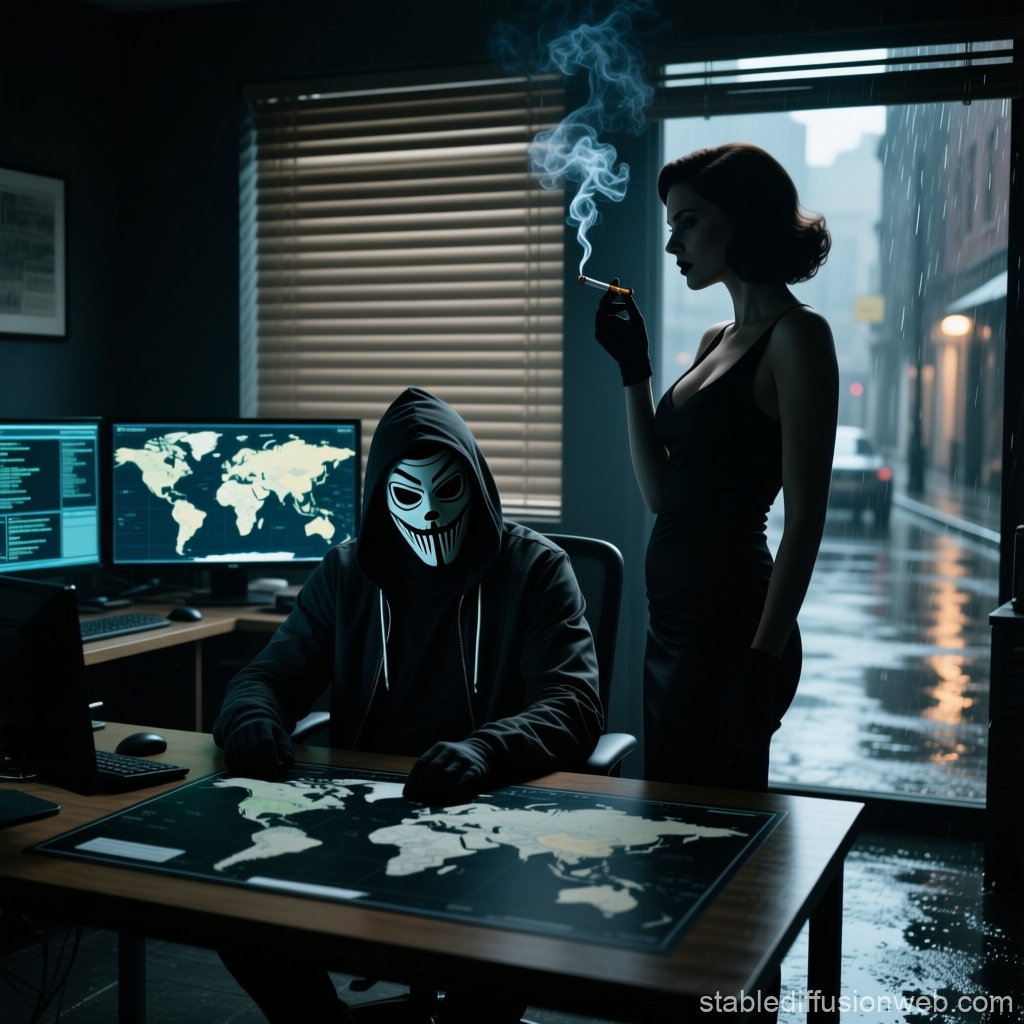 Masked Hacker and Woman in Noir Office Setting