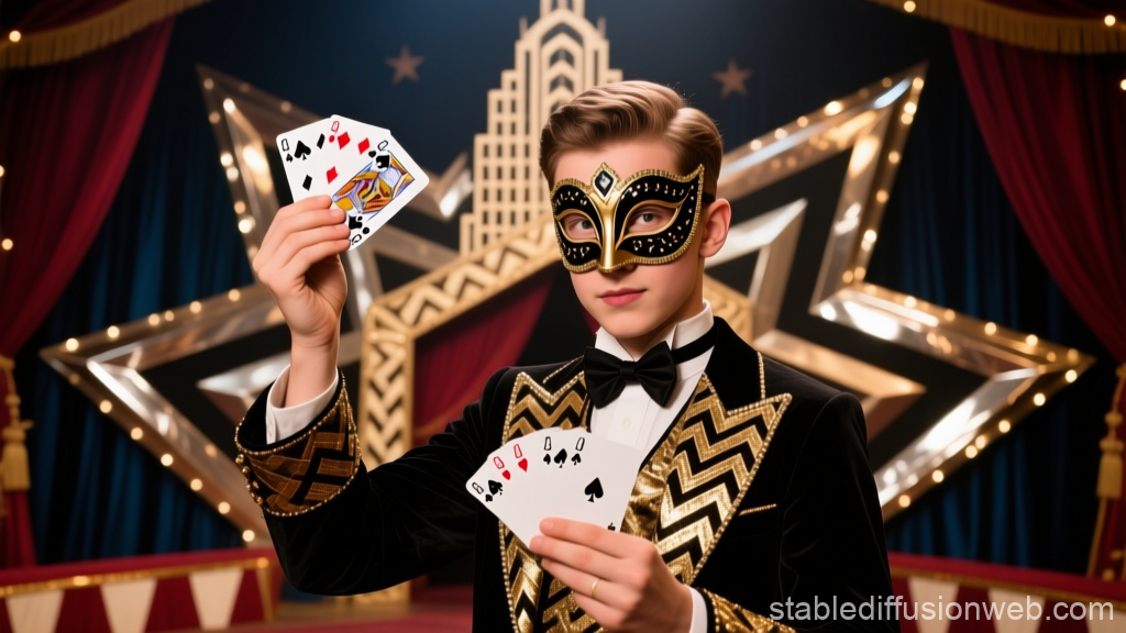 Masked Magician Performing Card Trick on Stage