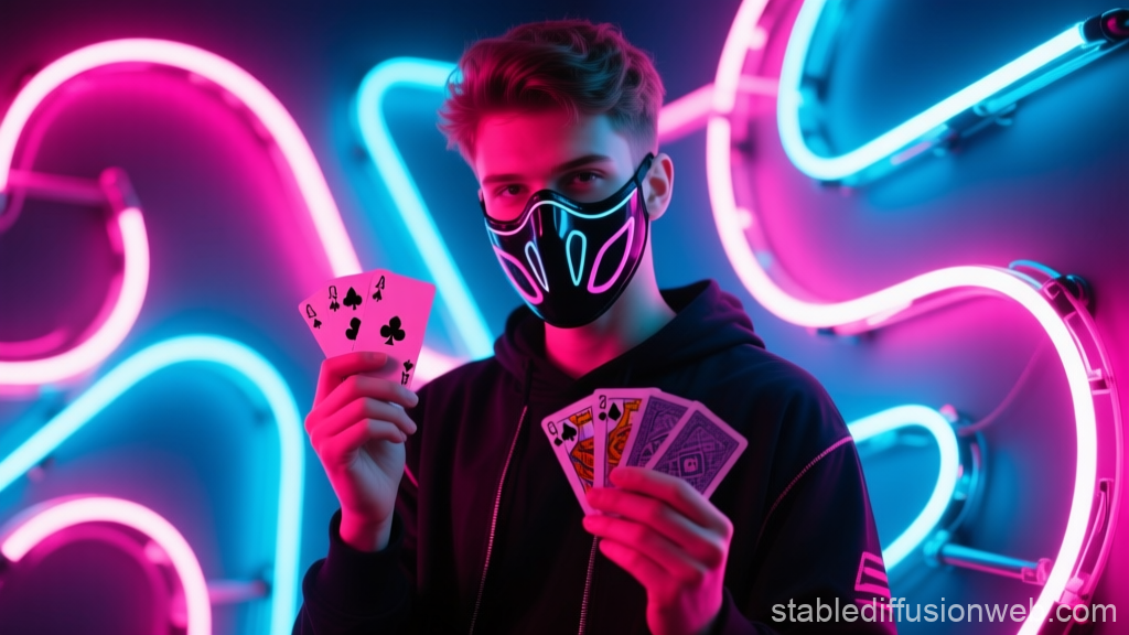 Masked Man Holding Playing Cards with Neon Lights
