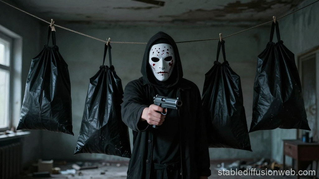 Masked Maniac Pointing Gun in Abandoned Room