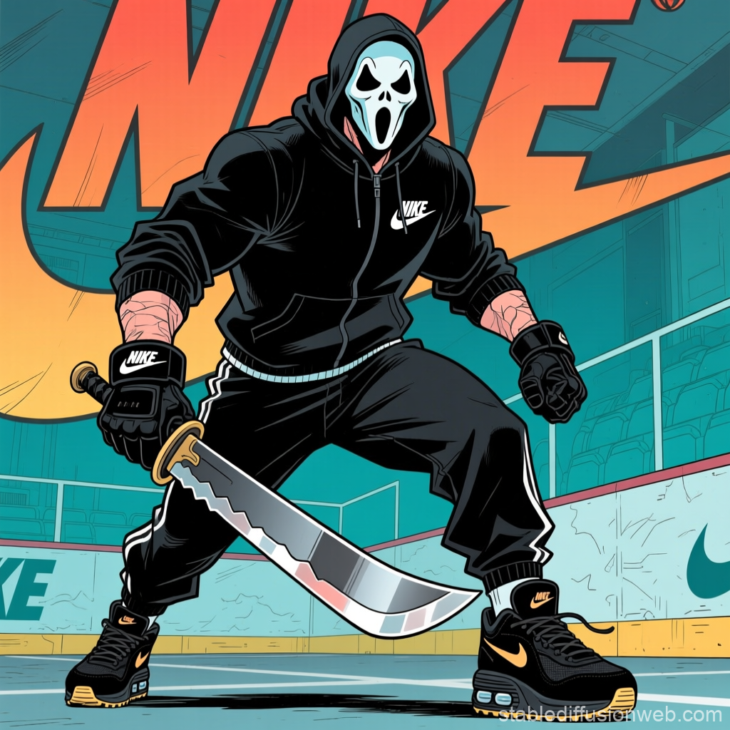 Masked Warrior in Nike Gear Holding a Sword