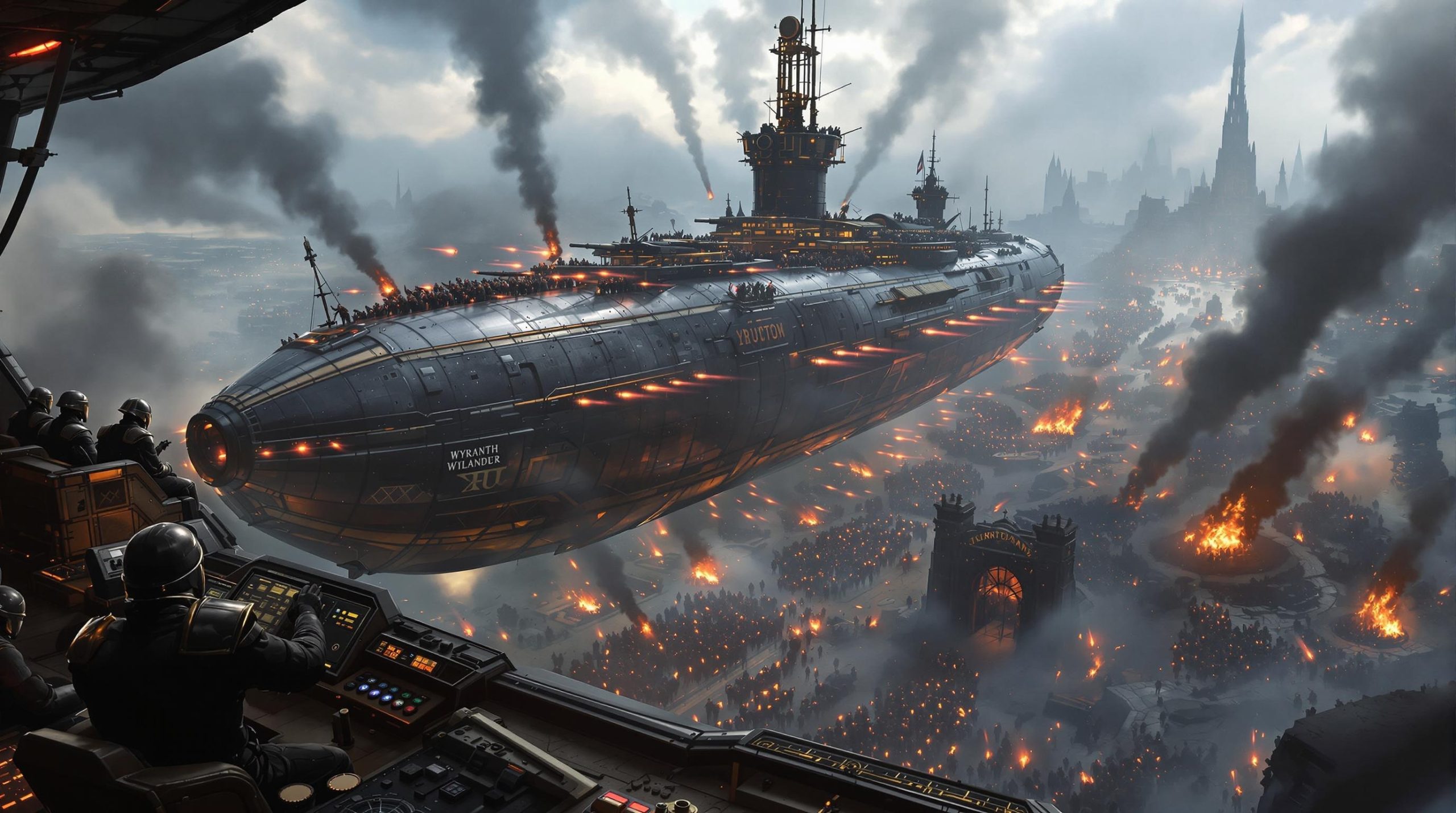 Massive Airship Over a Burning City in a Dark Sci-Fi Battle