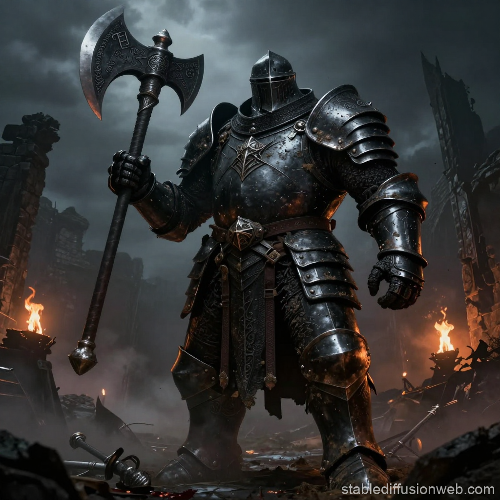 Massive Armored Knight Holding Battle Axe in Ruined Battlefield