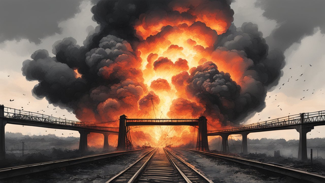 Massive Explosion Behind Railway Bridge