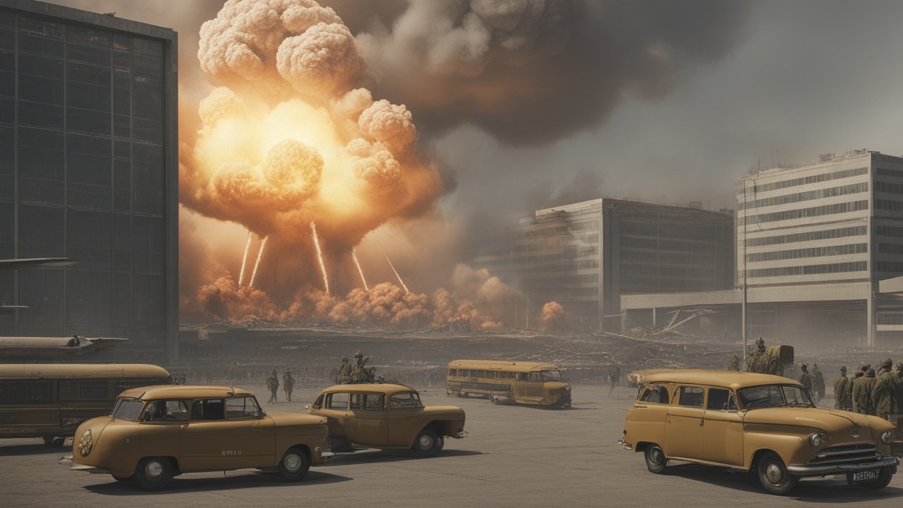 Massive Explosion in Urban Area with Vintage Cars