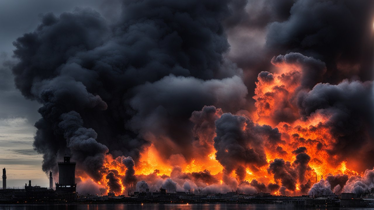 Massive Explosion with Intense Flames and Thick Smoke Over Water