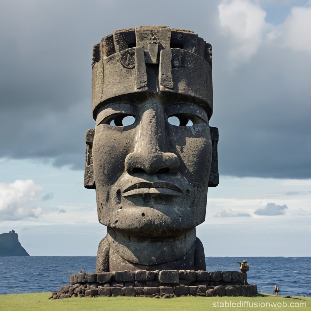 Massive Moai Statue by the Ocean with Soldiers