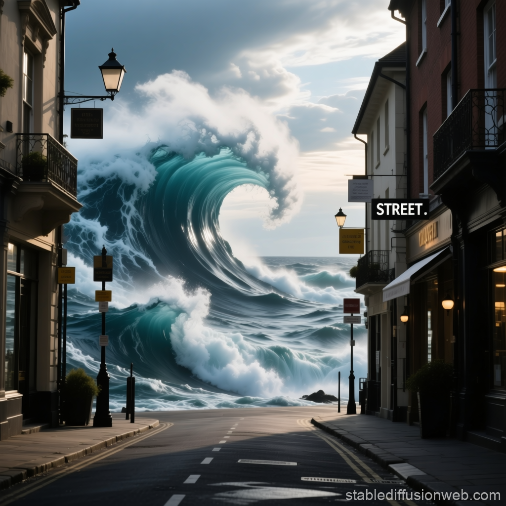 Massive Ocean Wave Surging Through Urban Street