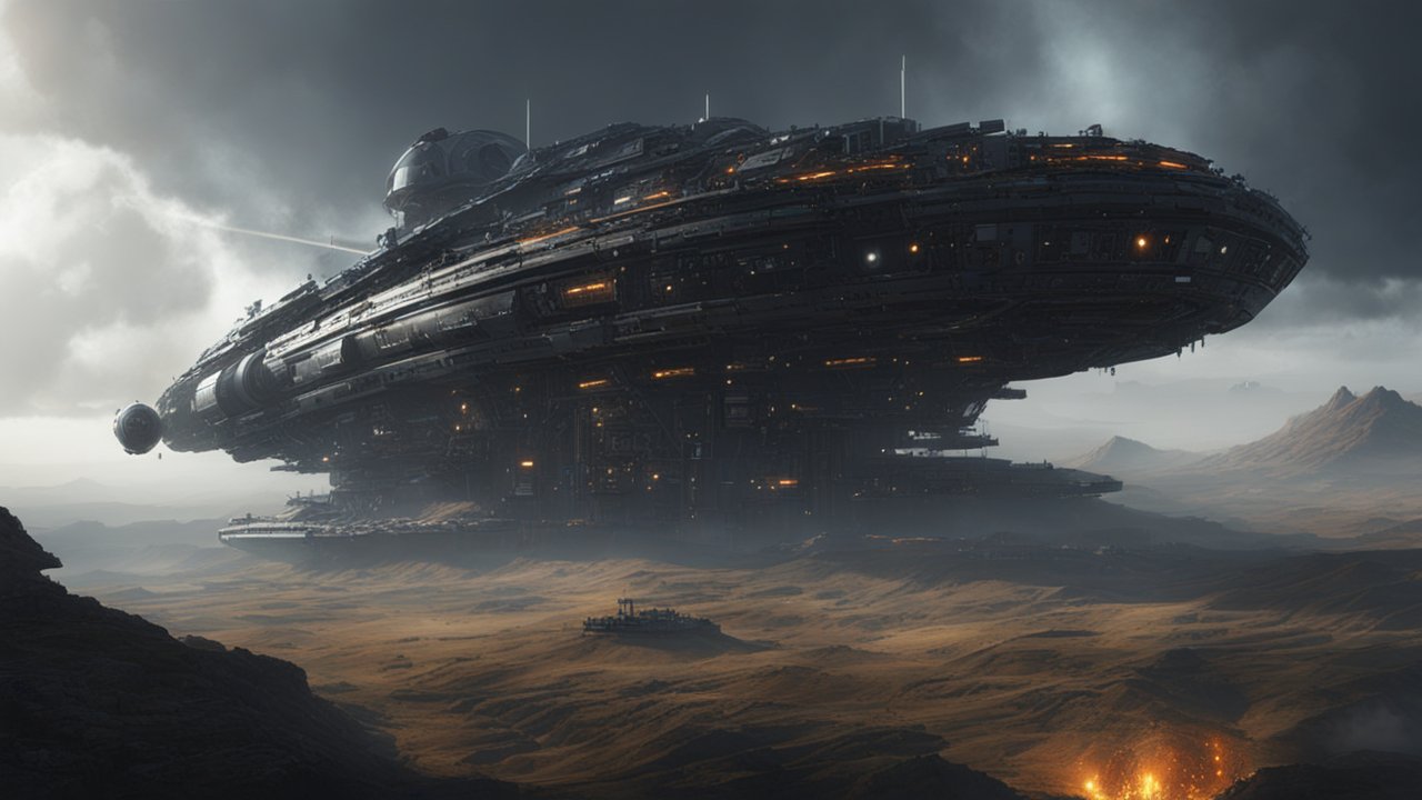 Massive Sci-Fi Spaceship Hovering Over Desert Landscape