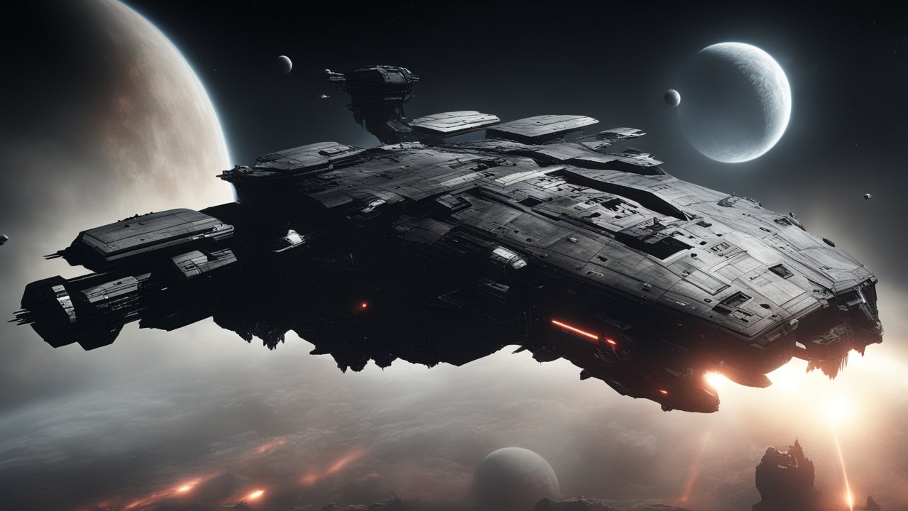 Massive Sci-Fi Titan Spaceship in Orbit Near Planets