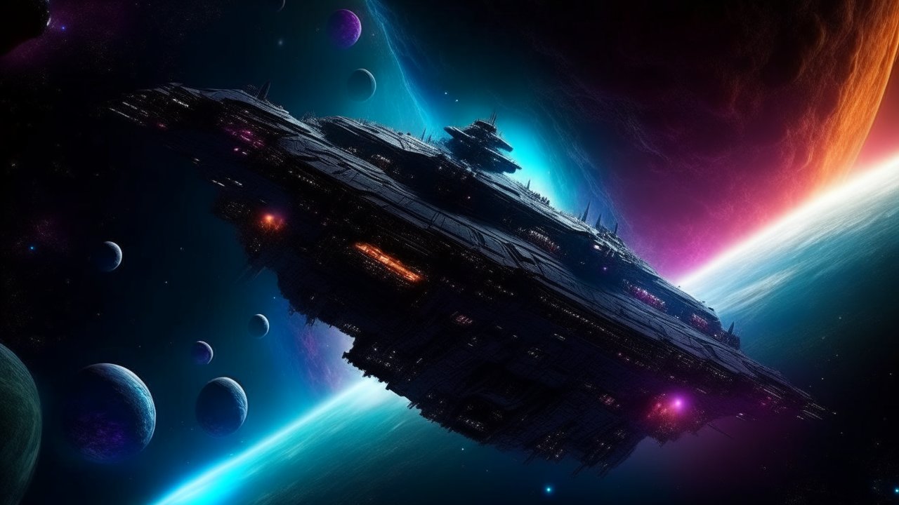 Massive Space Station Orbiting Colorful Planets