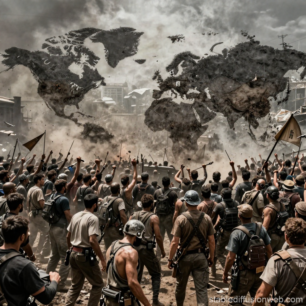 Massive Uprising Under a War-Torn World Map