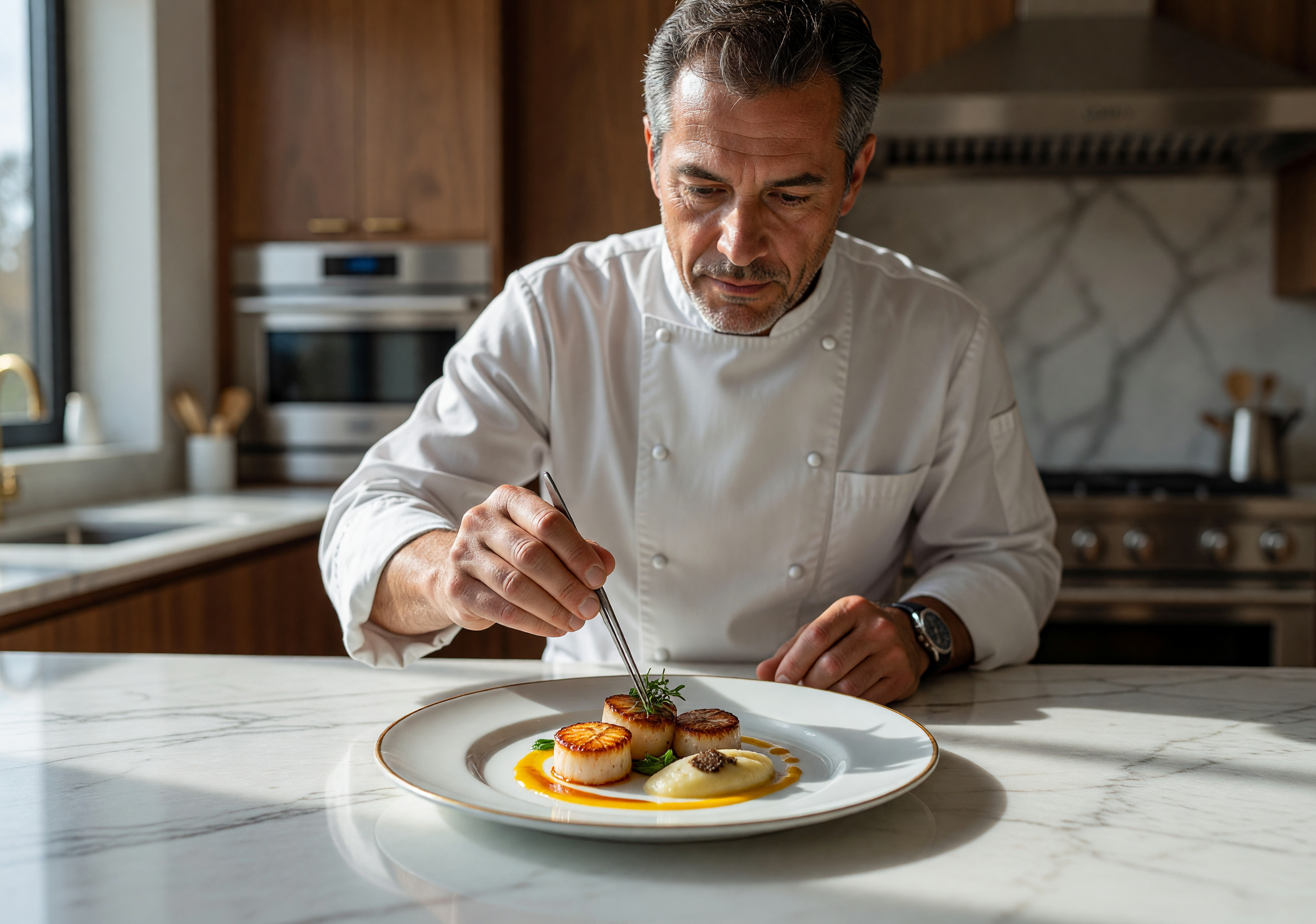 Master Chef Carefully Plating Gourmet Scallops