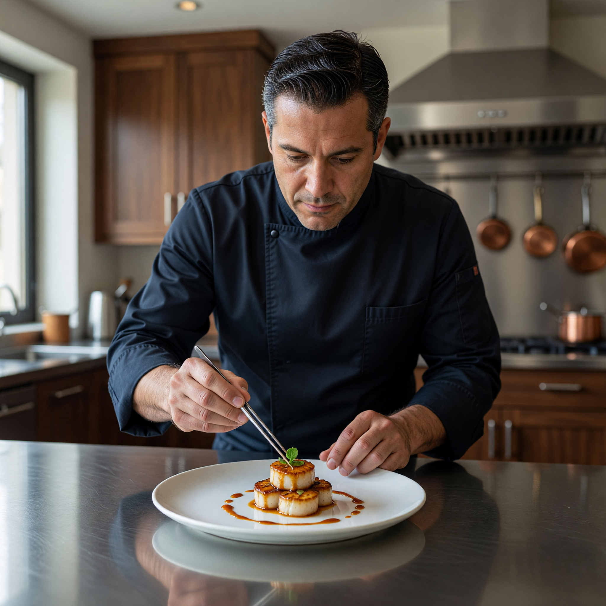 Master Chef Carefully Plating Gourmet Scallops