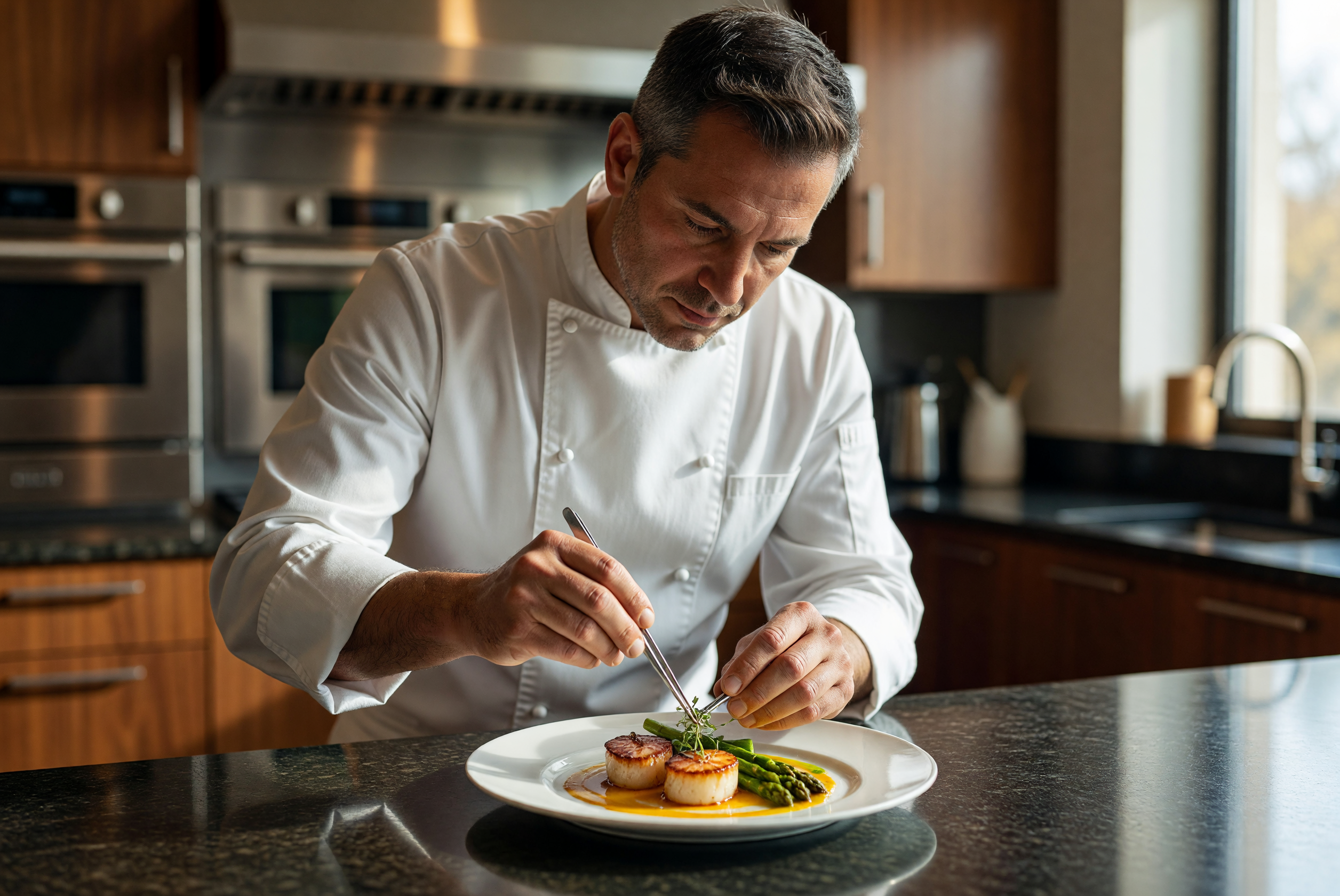 Master Chef Garnishing Gourmet Scallop Dish