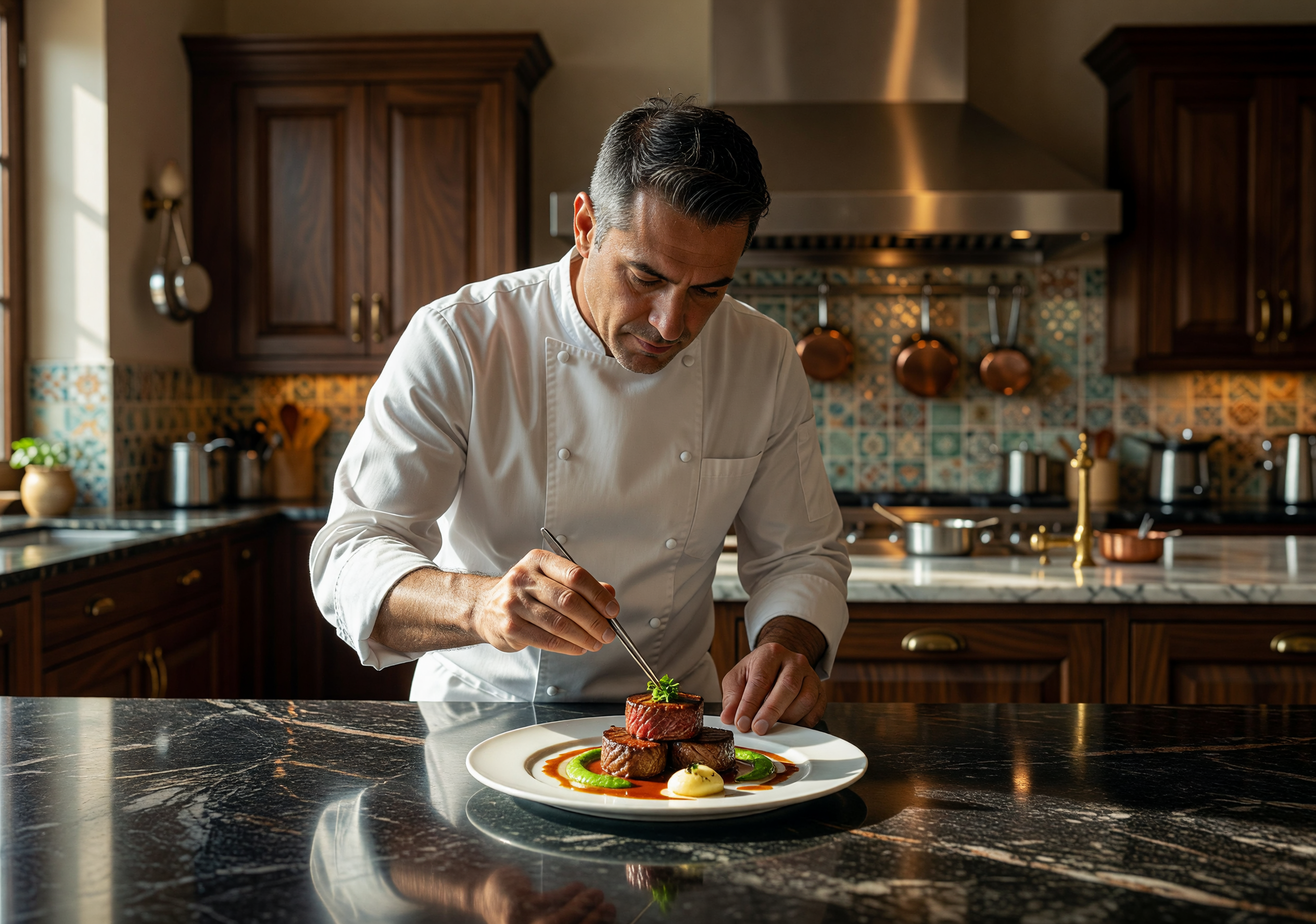 Master Chef Perfecting Gourmet Dish Plating in Elegant Kitchen