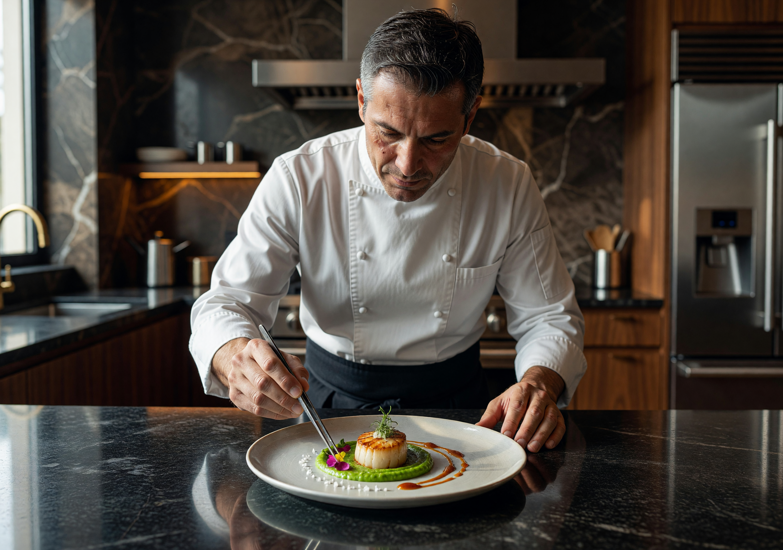 Master Chef Perfecting Gourmet Plating in Modern Kitchen
