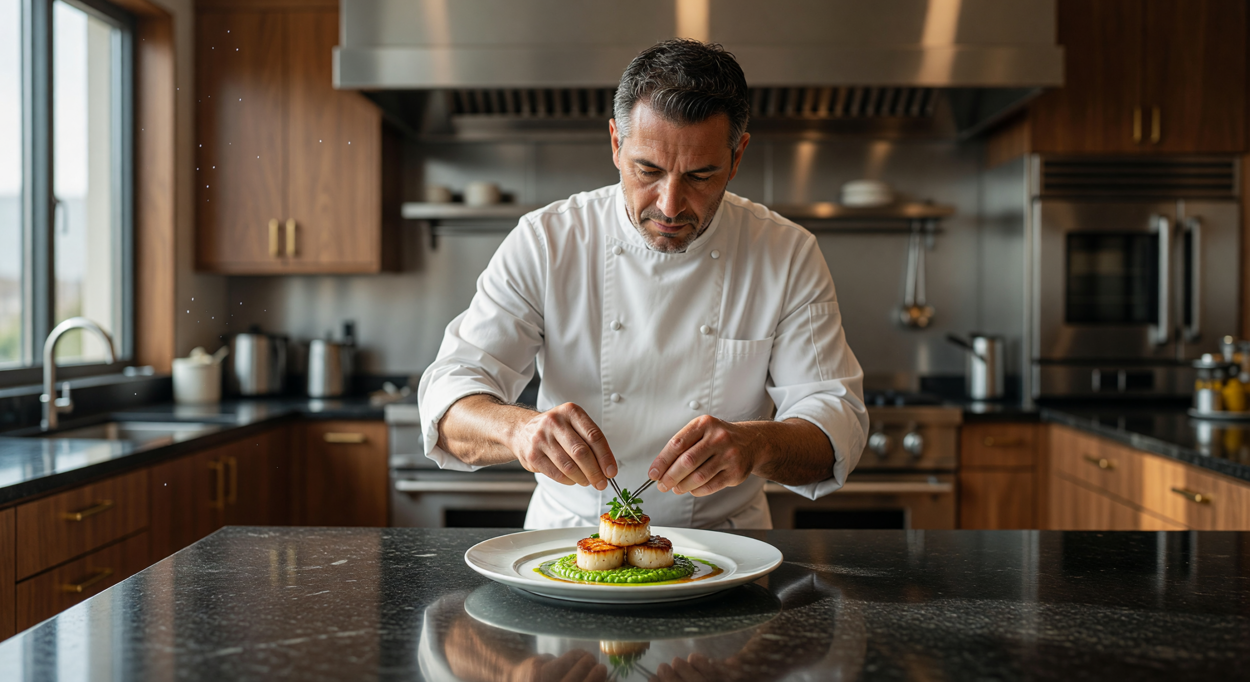 Master Chef Perfectly Plating Gourmet Dish in Modern Kitchen