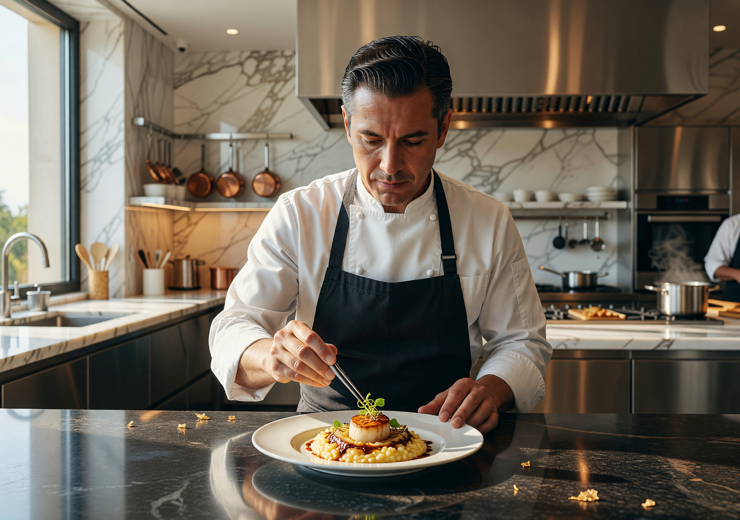 Master Chef Plating a Gourmet Dish in Modern Kitchen
