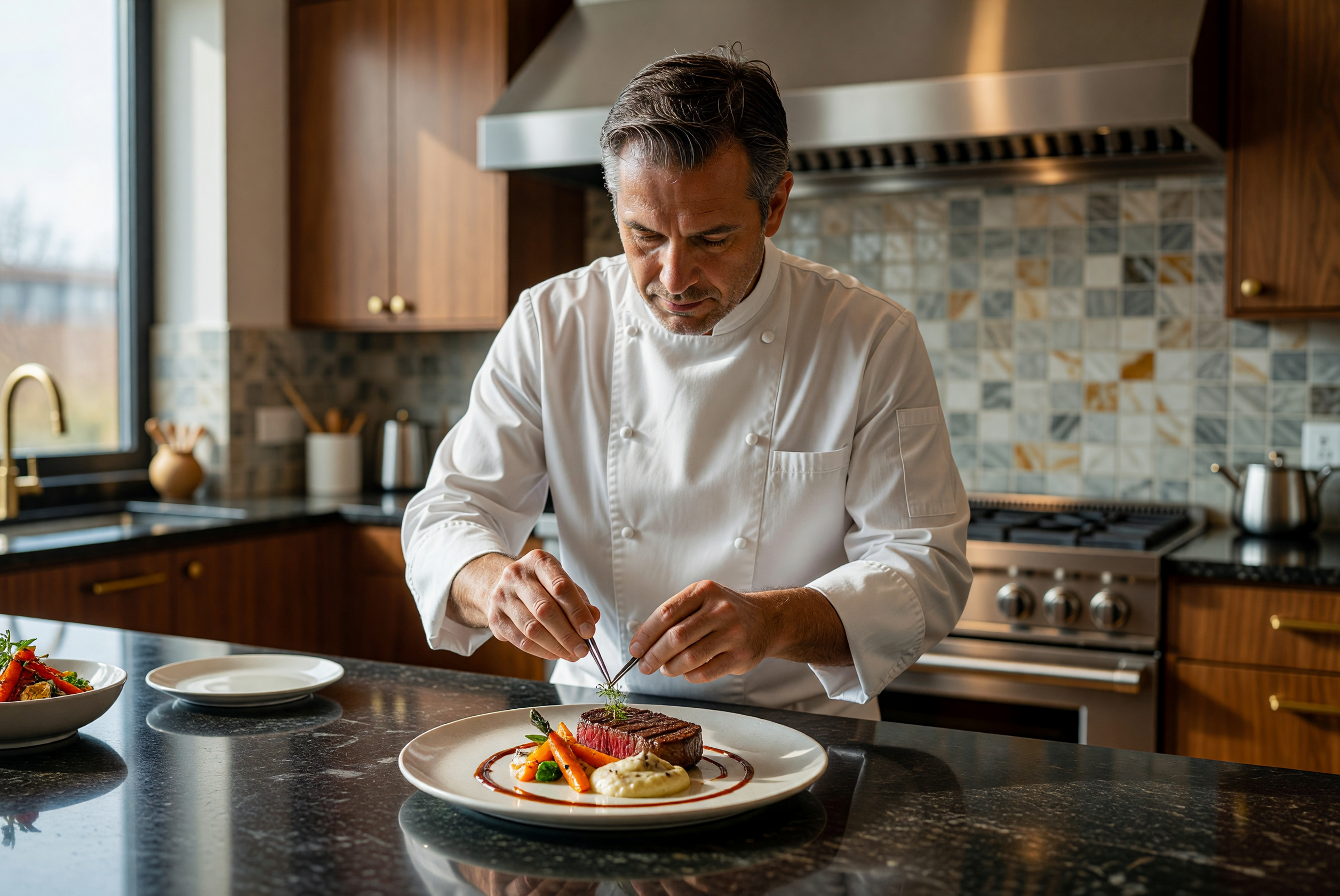 Master Chef Plating Gourmet Dish in Luxury Kitchen